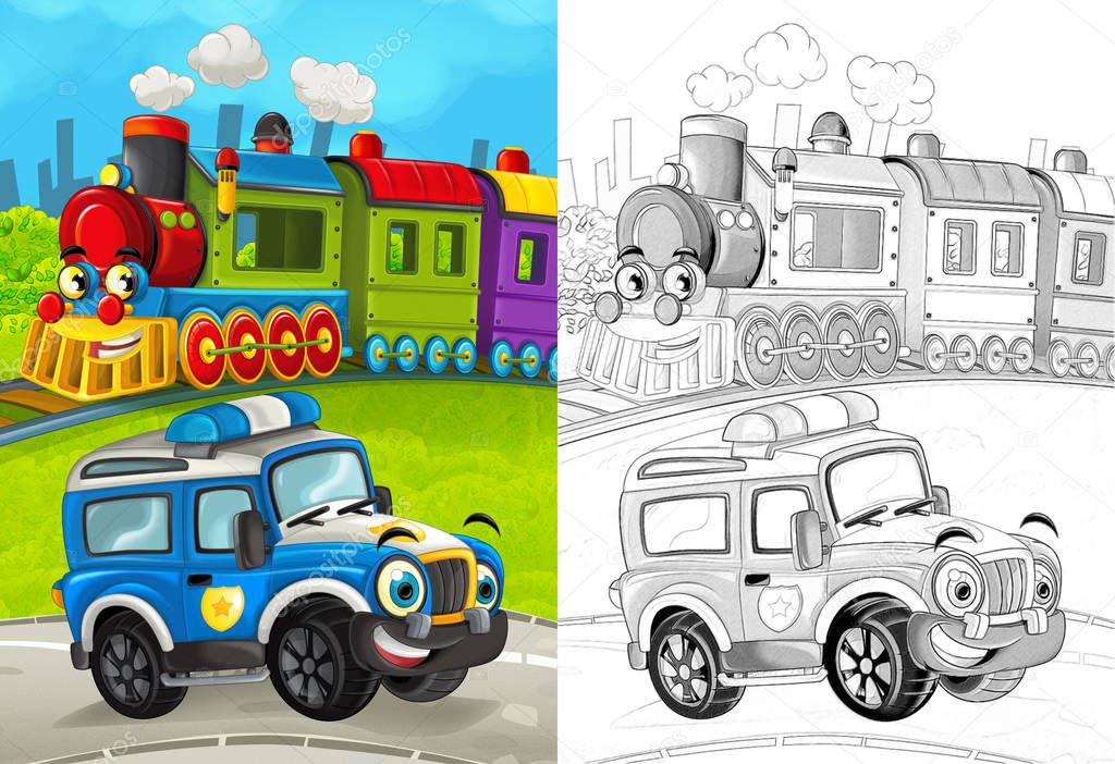 cartoon scene with happy police car on the road and train with coloring page illustration for children