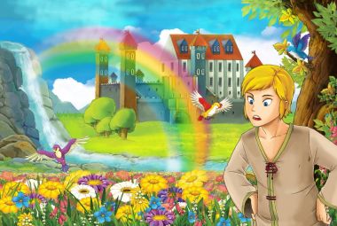 çizgi film sahne güzel çayır ve çocuklar için arka plan illüstrasyon görkemli kale bakarak genç çocuk ile