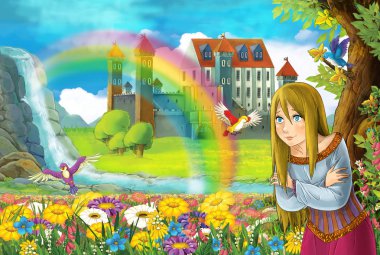 çizgi film masal Sahne alanında güzel prenses ile tam çiçek küçük şelale renkli gökkuşağı ve çocuklar için büyük kale illüstrasyon