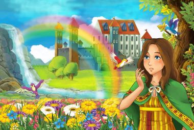 çizgi film masal Sahne alanında güzel prenses ile tam çiçek küçük şelale renkli gökkuşağı ve çocuklar için büyük kale illüstrasyon