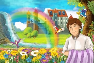 çizgi film masal Sahne alanında güzel prenses ile tam çiçek küçük şelale renkli gökkuşağı ve çocuklar için büyük kale illüstrasyon