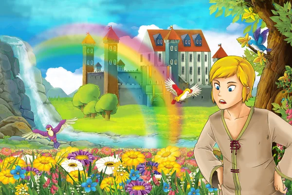 Cartoon Scene Young Boy Looking Beautiful Meadow Majestic Castle Background — Stock Photo, Image