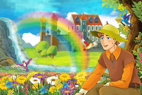 çizgi film sahne güzel çayır ve çocuklar için arka plan illüstrasyon görkemli kale bakarak genç çocuk ile 