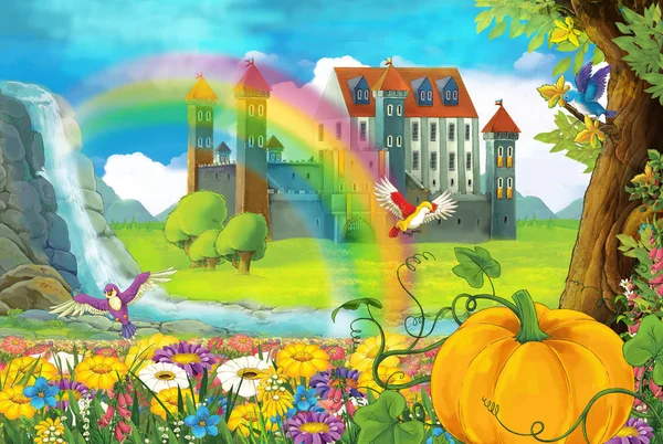 Cartoon Beautiful Nature Scene Waterfall Rainbow Big Pumpkin Medieval Castle — Stock Photo, Image