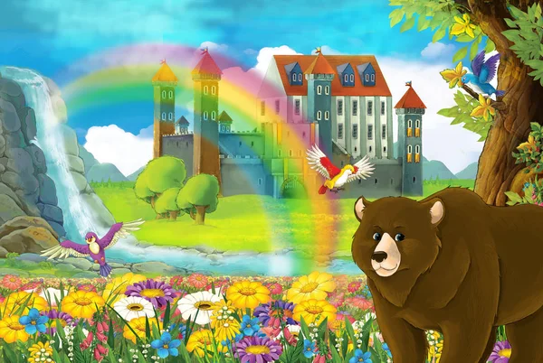 cartoon scene with beautiful bear near the stream rainbow and palace in the background illustration for children