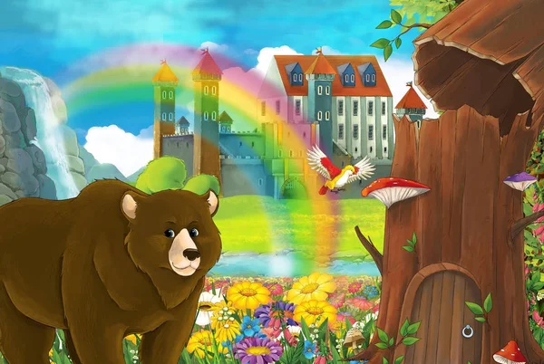 cartoon scene with beautiful bear near the stream rainbow and palace in the background illustration for children