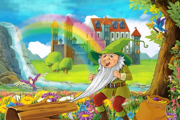 Cartoon Fairy Tale Scene Smiling Dwarf Field Full Flowers Small — Stock Photo, Image