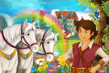 çizgi film sahne atları, akış, gökkuşağı ve arka plan ayakta genç Prens gülümseyen ve çocuklar için seyir illüstrasyon sarayda güzel çifti ile