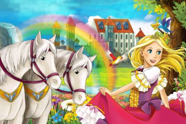 çizgi film sahne güzel çifti ile akış gökkuşağı atlar ve arka plan genç kız büyücü sarayda büyü illüstrasyon çocuklar için döküm