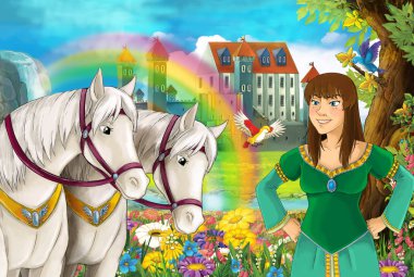 çizgi film sahne güzel çifti ile akış gökkuşağı atlar ve arka plan genç kız büyücü sarayda büyü illüstrasyon çocuklar için döküm