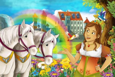 çizgi film sahne güzel çifti ile akış gökkuşağı atlar ve arka plan genç kız büyücü sarayda büyü illüstrasyon çocuklar için döküm