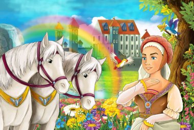 çizgi film sahne güzel çifti ile akış gökkuşağı atlar ve arka plan genç kız büyücü sarayda büyü illüstrasyon çocuklar için döküm