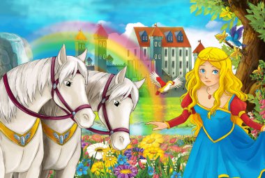 çizgi film sahne güzel çifti ile akış gökkuşağı atlar ve arka plan genç kız büyücü sarayda büyü illüstrasyon çocuklar için döküm