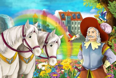çizgi film sahne güzel çifti ile akış gökkuşağı atlar ve sarayda adam arka plan ayakta ve illüstrasyon çocuklar için arıyorsunuz