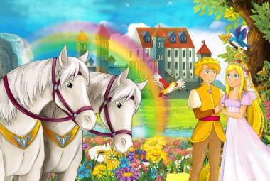 çizgi film sahne güzel çifti ile akış gökkuşağı atlar ve arka plan genç evli çift erkek ve kız sarayda izliyor ve çocuklar için resimde gülümseyen