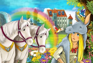 çizgi film sahne güzel çifti ile akış gökkuşağı atlar ve arka plan genç kız büyücü sarayda büyü illüstrasyon çocuklar için döküm