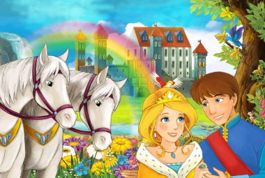 çizgi film sahnesi evli atlarla gökkuşağı ve Sarayı içinde belgili tanımlık geçmiş genç çift erkek ve kız güzel çifti ile izlemek ve çocuklar için resimde gülümseyen