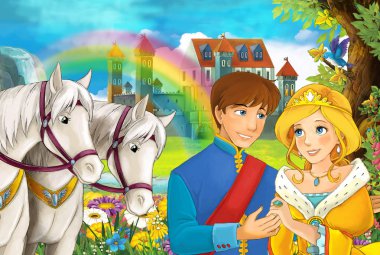 çizgi film sahnesi evli atlarla gökkuşağı ve Sarayı içinde belgili tanımlık geçmiş genç çift erkek ve kız güzel çifti ile izlemek ve çocuklar için resimde gülümseyen