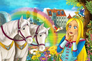 çizgi film sahne güzel çifti ile akış gökkuşağı atlar ve arka plan genç kız büyücü sarayda büyü illüstrasyon çocuklar için döküm