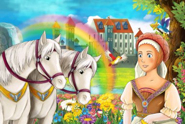 çizgi film sahne güzel çifti ile akış gökkuşağı atlar ve arka plan genç kız büyücü sarayda büyü illüstrasyon çocuklar için döküm
