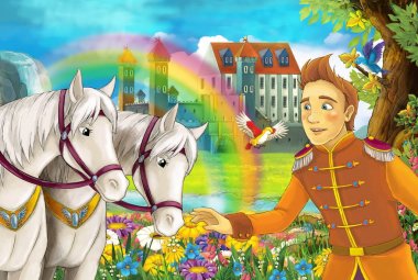 çizgi film sahne atları, akış, gökkuşağı ve arka plan ayakta genç Prens gülümseyen ve çocuklar için seyir illüstrasyon sarayda güzel çifti ile