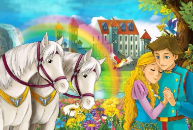 çizgi film sahne güzel çifti ile akış gökkuşağı atlar ve arka plan genç kız büyücü sarayda büyü illüstrasyon çocuklar için döküm