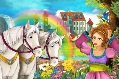 çizgi film sahne güzel çifti ile akış gökkuşağı atlar ve arka plan genç kız büyücü sarayda büyü illüstrasyon çocuklar için döküm