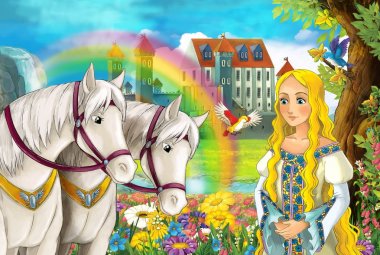 çizgi film sahne güzel çifti ile akış gökkuşağı atlar ve arka plan genç kız büyücü sarayda büyü illüstrasyon çocuklar için döküm