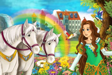çizgi film sahne güzel çifti ile akış gökkuşağı atlar ve arka plan genç kız büyücü sarayda büyü illüstrasyon çocuklar için döküm