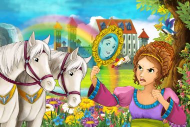 çizgi film sahne güzel çifti ile akış gökkuşağı atlar ve arka plan genç kız büyücü sarayda büyü illüstrasyon çocuklar için döküm
