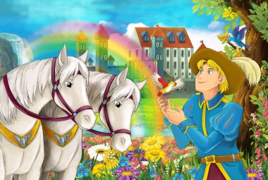 çizgi film sahne atları, akış, gökkuşağı ve arka plan ayakta genç Prens gülümseyen ve çocuklar için seyir illüstrasyon sarayda güzel çifti ile