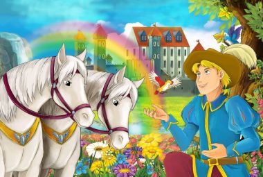 çizgi film sahne atları, akış, gökkuşağı ve arka plan ayakta genç Prens gülümseyen ve çocuklar için seyir illüstrasyon sarayda güzel çifti ile