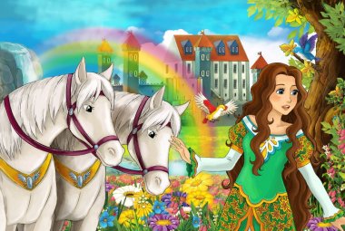 çizgi film sahne güzel çifti ile akış gökkuşağı atlar ve arka plan genç kız büyücü sarayda büyü illüstrasyon çocuklar için döküm
