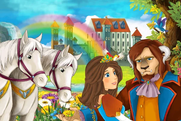 cartoon fairy tale scene with beautiful prince and princess in the field full of flowers near small waterfall colorful rainbow and big castle illustration for children