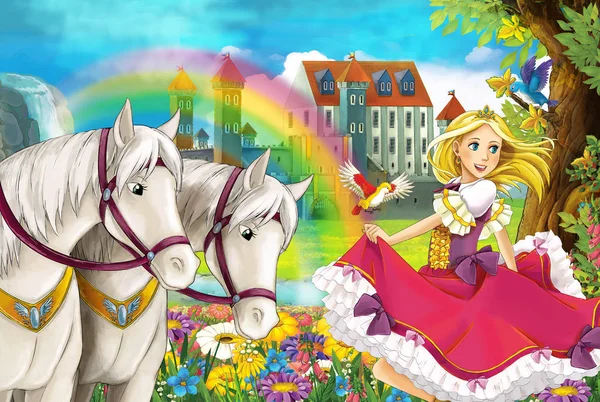 Cartoon Scene Beautiful Pair Horses Stream Rainbow Palace Background Young — Stock Photo, Image