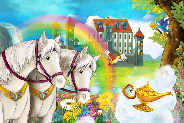 cartoon beautiful nature scene with waterfall rainbow two white horses and medieval castle - illustration for children