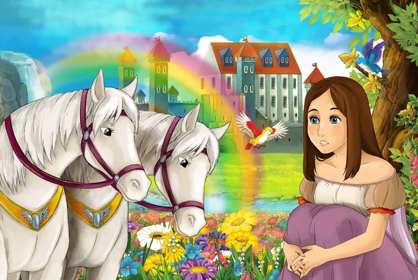 cartoon scene with beautiful pair of horses stream rainbow and palace in the background young girl sorceress is casting spell illustration for children