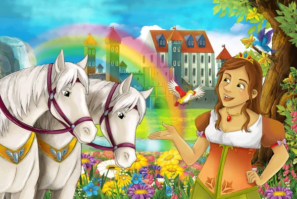 çizgi film sahne güzel çifti ile akış gökkuşağı atlar ve arka plan genç kız büyücü sarayda büyü illüstrasyon çocuklar için döküm