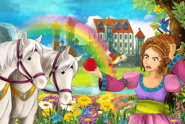 cartoon scene with beautiful pair of horses stream rainbow and palace in the background young girl sorceress is casting spell illustration for children