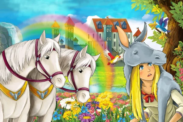 Escena Dibujos Animados Con Hermoso Par Caballos Arroyo Arco Iris —  Fotos de Stock