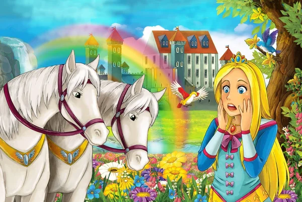 Escena Dibujos Animados Con Hermoso Par Caballos Arroyo Arco Iris — Foto de Stock