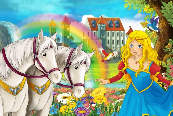 çizgi film sahne güzel çifti ile akış gökkuşağı atlar ve arka plan genç kız büyücü sarayda büyü illüstrasyon çocuklar için döküm