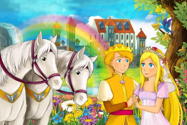 Cartoon Szene Mit Schönen Paar Pferde Strom Regenbogen Und Palast — Stockfoto