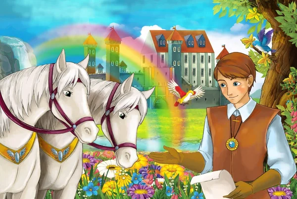cartoon scene with beautiful pair of horses, stream, rainbow and palace in the background young prince standing smiling and looking illustration for children