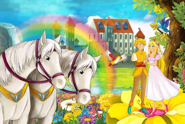 Cartoon Scene Beautiful Pair Horses Stream Rainbow Palace Background Young — Stock Photo, Image