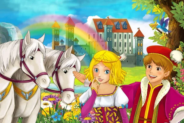 卡通场景与美丽的一对马与彩虹和宫殿的背景年轻夫妇的男孩和女孩正在观看和微笑的插图儿童 — 图库照片