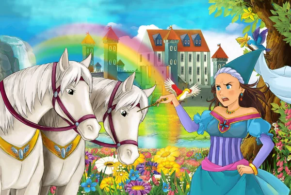 cartoon scene with beautiful pair of horses stream rainbow and palace in the background young girl sorceress is casting spell illustration for children