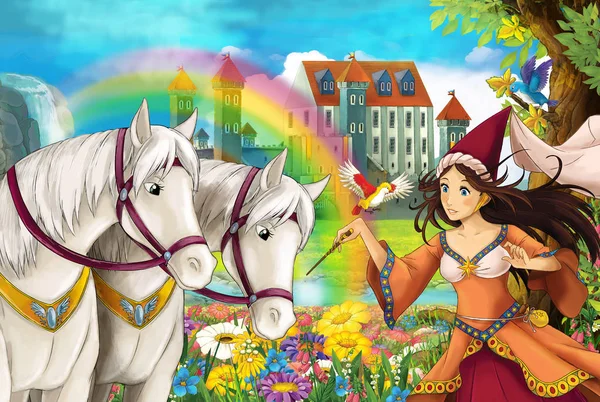 Cartoon Scene Beautiful Pair Horses Stream Rainbow Palace Background Young — Stock Photo, Image