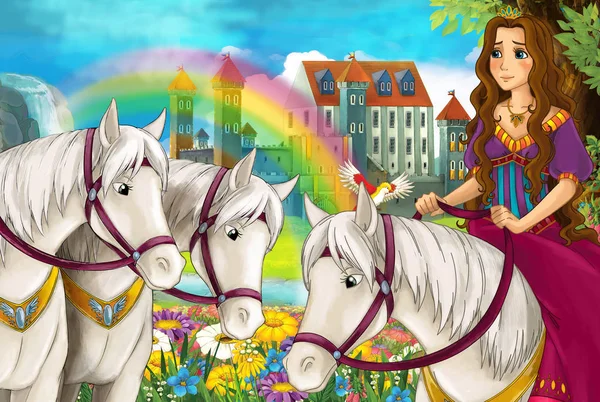 Cena Dos Desenhos Animados Com Menina Feliz Montando Cavalo Perto — Fotografia de Stock