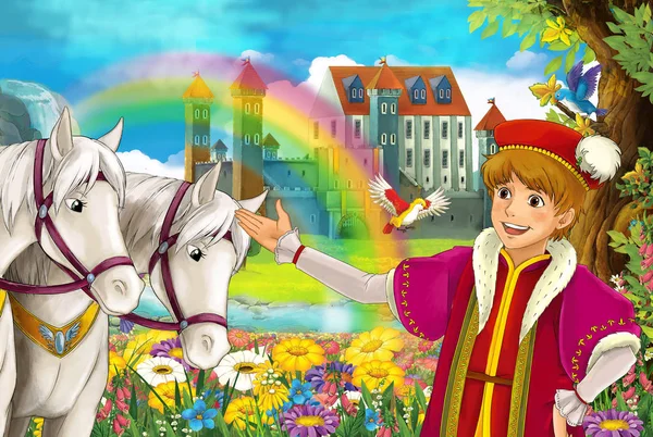 cartoon scene with beautiful pair of horses, stream, rainbow and palace in the background young prince standing smiling and looking illustration for children